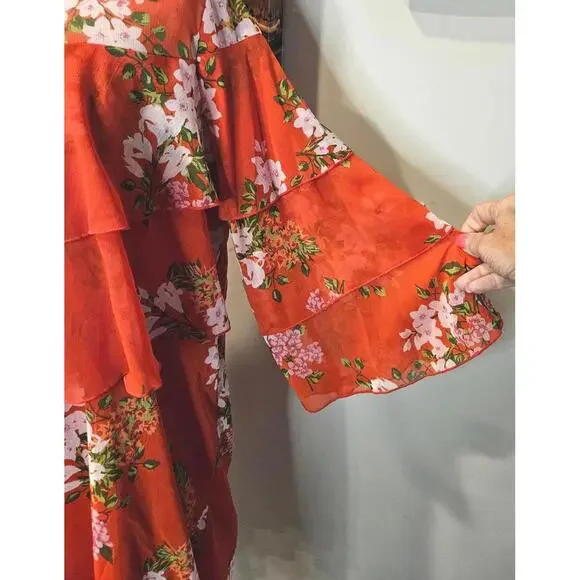 Who What Wear Red Cascading Floral Tiered Dress with Sheer Top Size M #H85 - Picture 4 of 8